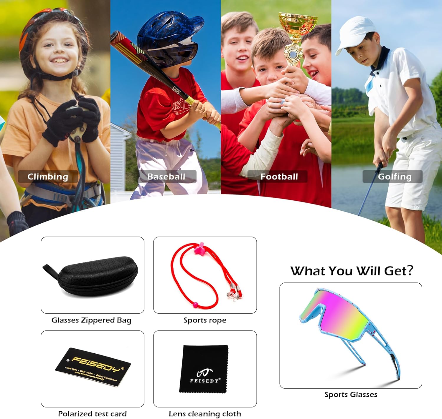 Thumbnail 3 de FEISEDY Occhiali da Sole Sportivi Polarizzati per Ragazzi e Bambini 6–15 anni – Montatura TR90, UV400