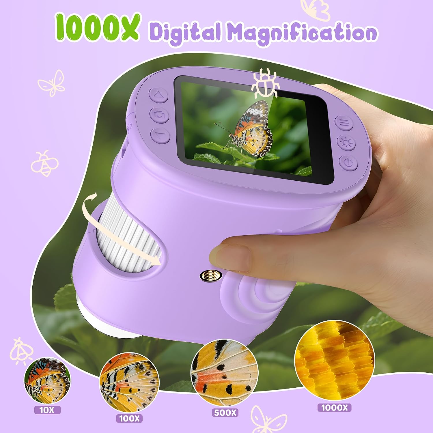 Detalle de 1000X Handheld Digital Microscope for Kids with 2.0" IPS Screen, 2MP camera and manual focus (purple)