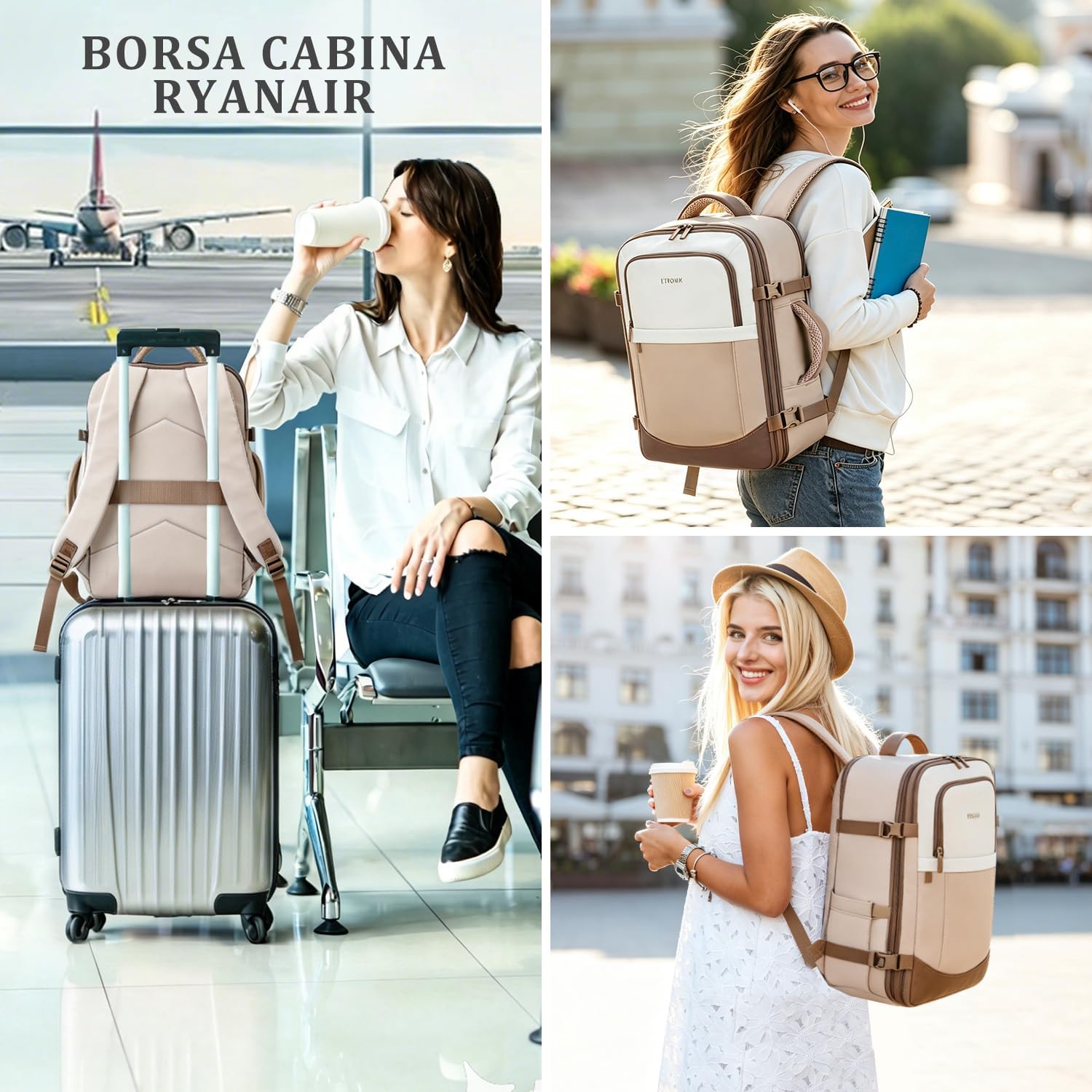 Detalle 2 de ETRONIK Zaino Ryanair 40×30×20 cm espandibile 24–30 L con sottosella, 15,6'' laptop, colore Cachi