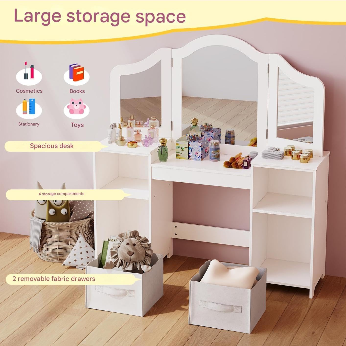 Detalle de Clevich Kids Vanity Table and Chair Set: 2-in-1 Princess Vanity with Removable Mirror