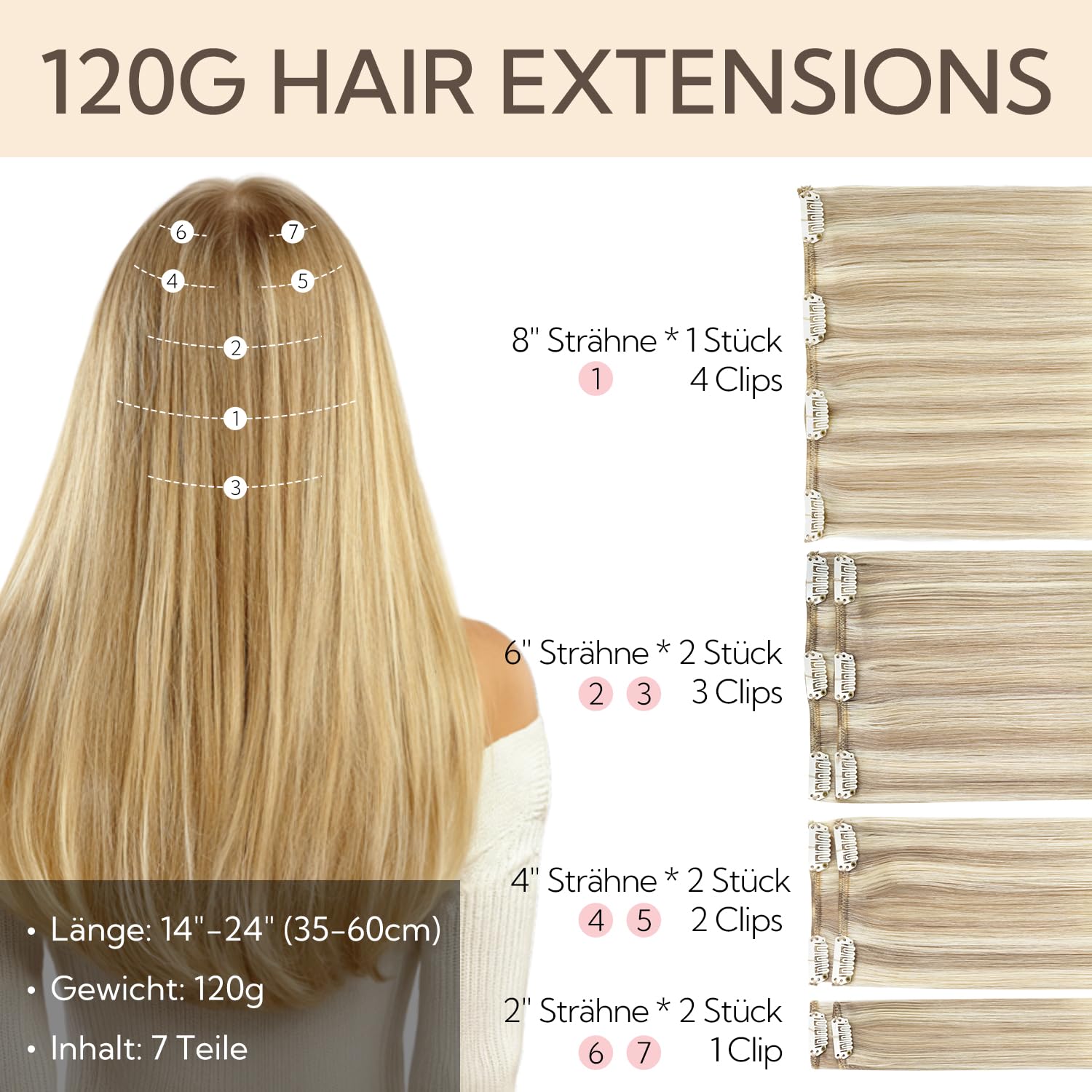 Detalle de hotbanana Clip In Extensions Echthaar 50 cm / 120 g – 7-teiliges Set in Aschblond bis Goldblond und Platinblond