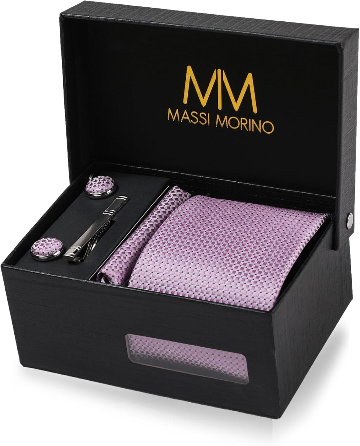 Massi Morino set cravatta e fazzoletto da uomo con gemelli e fermacravatta (parure regalo)