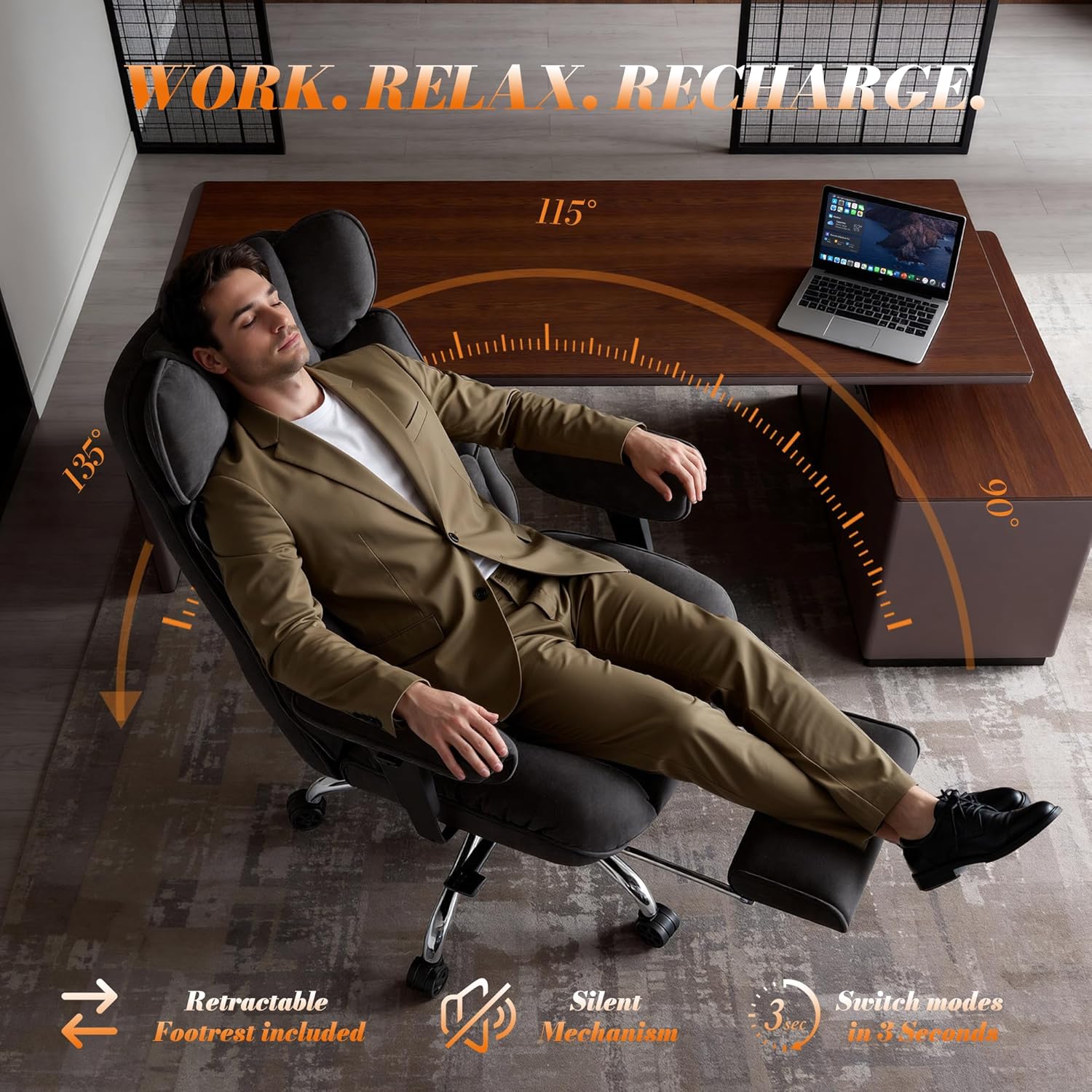 Thumbnail 2 de Efomao Big and Tall Office Chair (200kg) with Footrest – heavy duty executive desk chair in black