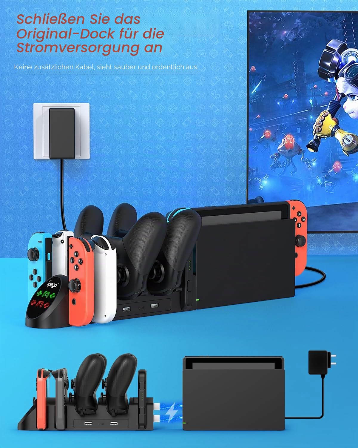 Detalle de FASTSNAIL Ladestation für Nintendo Switch / Switch OLED mit Platz für 4 Controller und Pro Controller