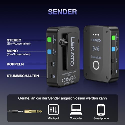 Detalle de LEKATO MS-02 Drahtloses In-Ear Monitoring System – 2.4G, Mono/Stereo, 4 Empfänger