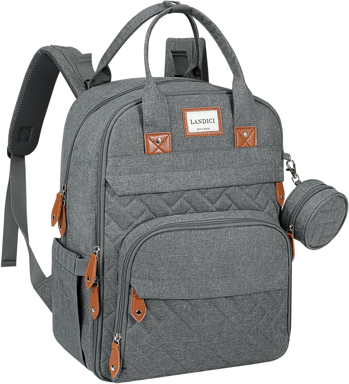 Detalle de LANDICI Baby Changing Bag Backpack (Large) in Grey — with Changing Mat, Stroller Straps & Pacifier Case