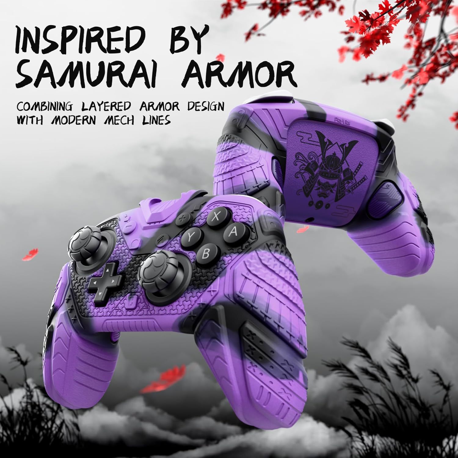 Detalle de PlayVital Samurai Armor Edition Silicone Case for Nintendo Switch 2 Pro Controller – Purple & Black