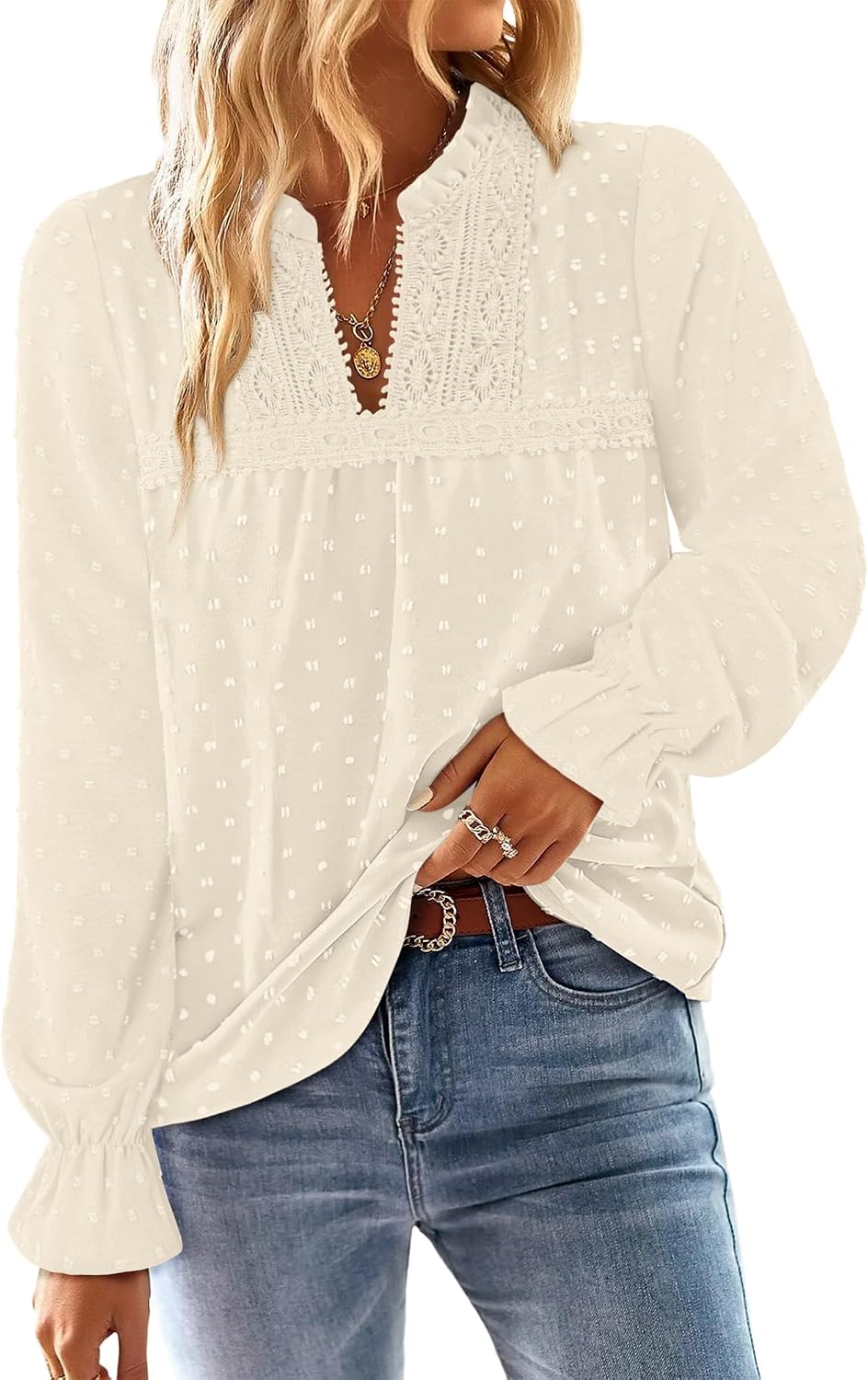 Thumbnail 6 de onlypuff Women's V-Neck Swiss Dot Ruffle Tunic Top, Long Sleeves