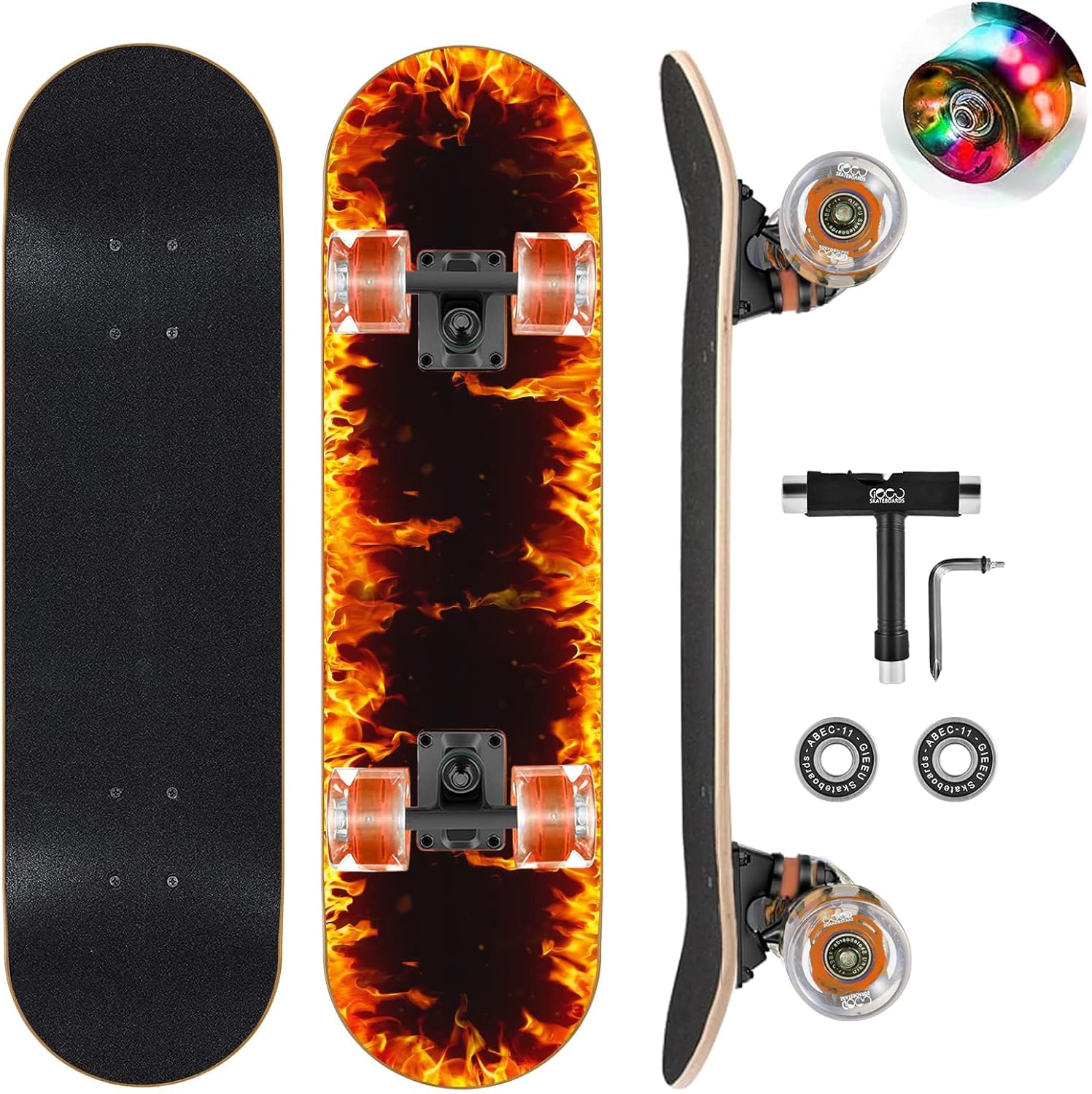 GIEEU 9-Ply Canadian Maple Complete Skateboard with Colorful Flashing Wheels (31" x 8")