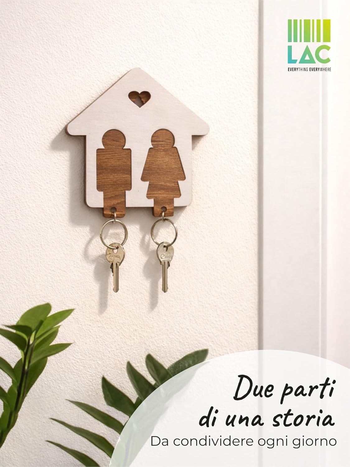 Detalle de LAC EVERYTHING EVERYWHERE Portachiavi coppia in legno “casetta” Lui e Lei 16×15 (Bianco/Marrone)