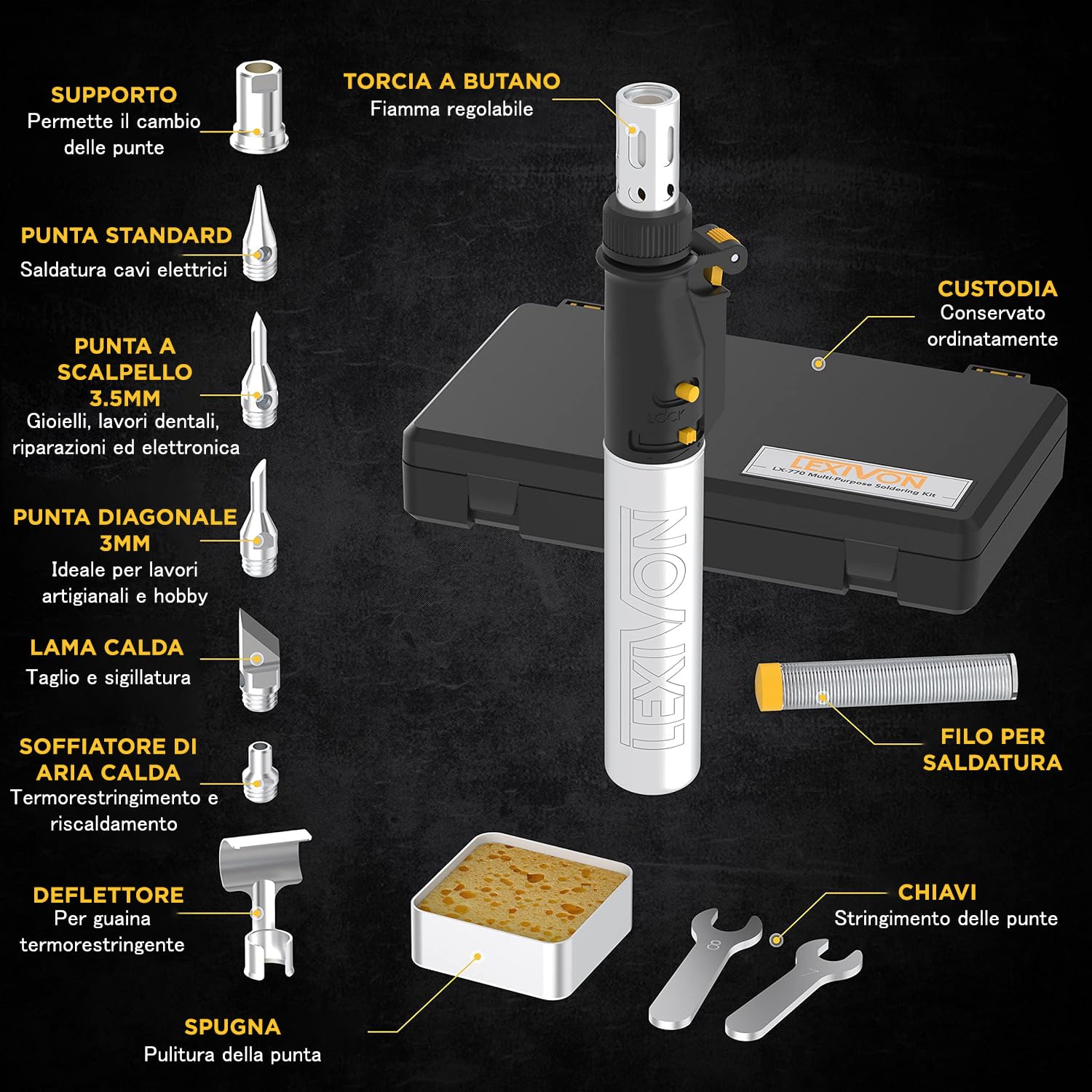 Detalle de LEXIVON LX-770 Kit saldatore a butano senza fili, set multiuso con autoaccensione e fiamma regolabile (set di 7 punte)