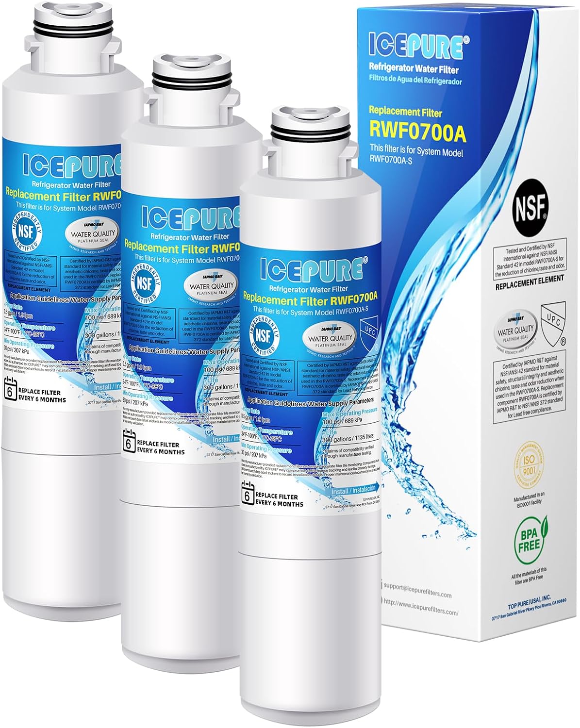 Detalle de ICEPURE RWF0700A Refrigerator Water Filter, 3-Pack for Samsung DA29-00020B