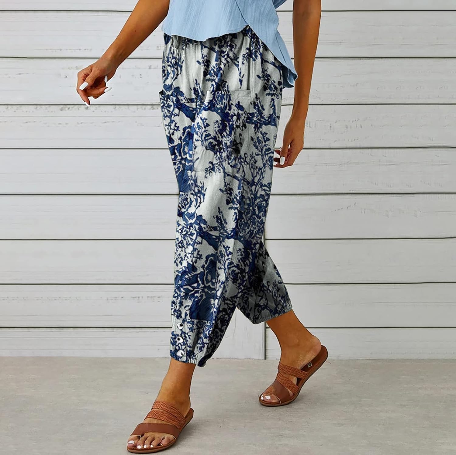Thumbnail 1 de Women's Capri Pants High Waist Drawstring Cinch Bottom with Button Cotton Loose Casual Trouser with Pockets