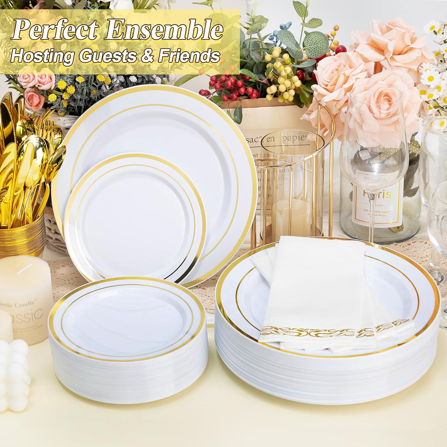 Detalle de BESTSTAR Gold Plastic Plates Set 200pcs