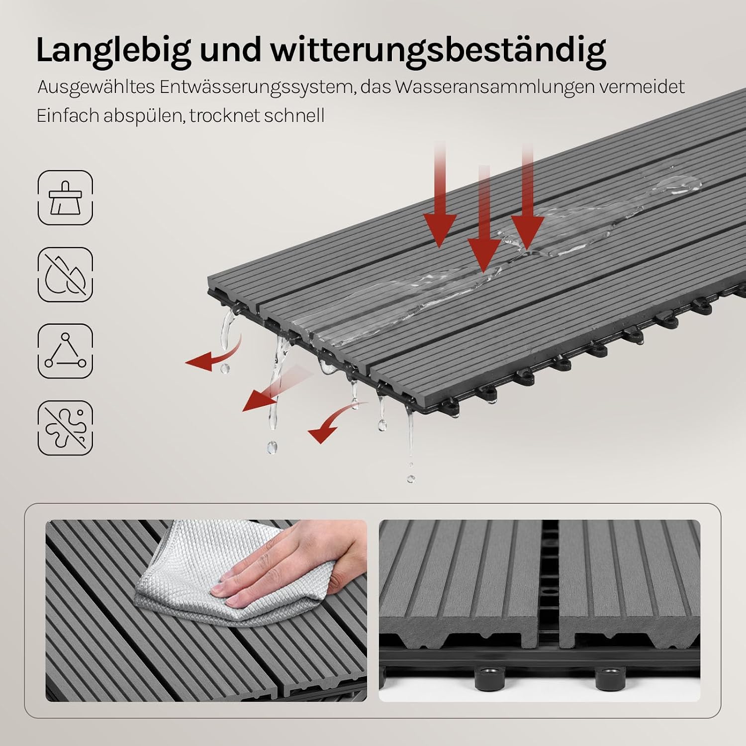 Detalle 2 de WOLTU WPC Fliese Terrassenfliesen Holz-Optik mit Klicksystem 30 x 60 cm, hellgrau (12 Stück / 2 m²)