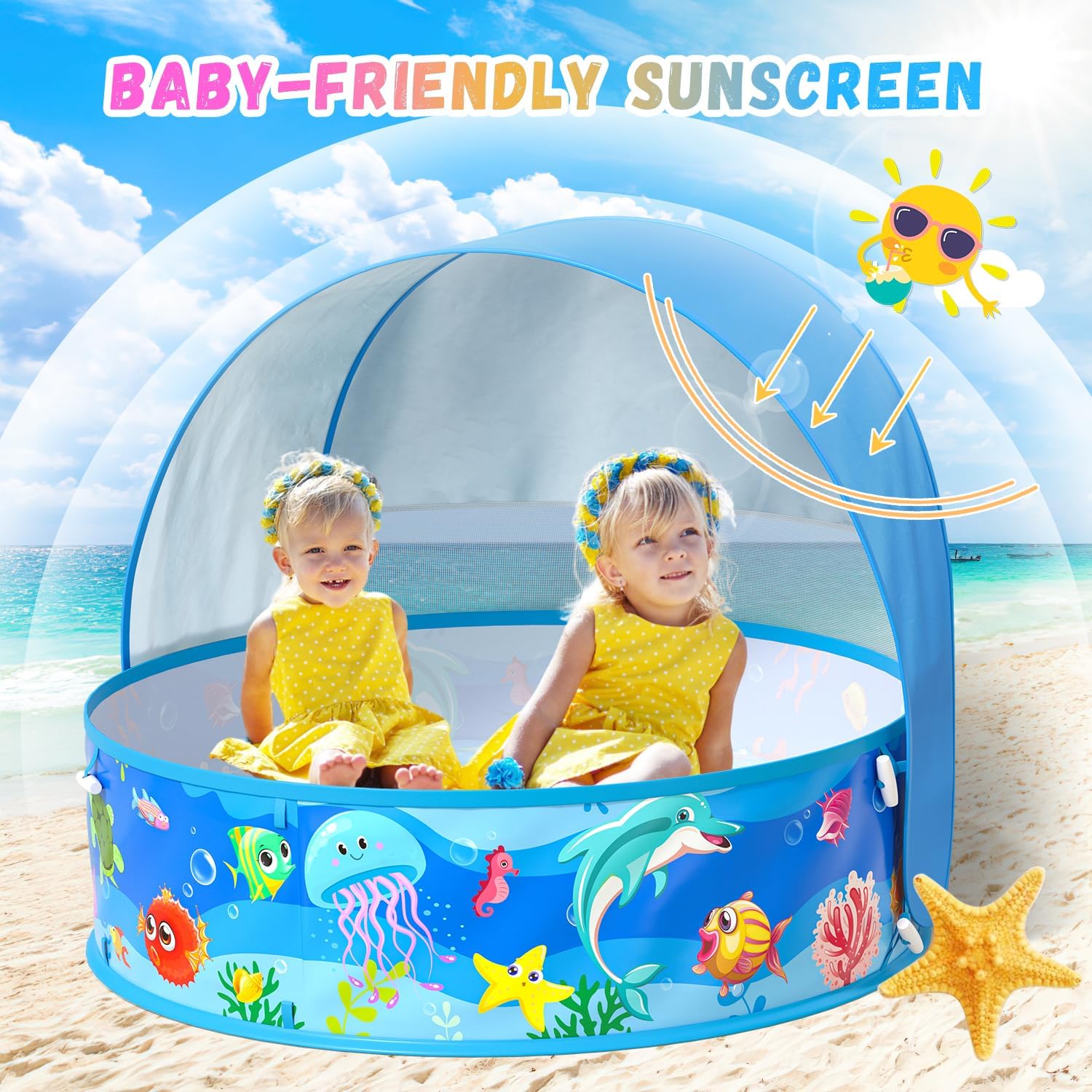 Thumbnail 2 de Baby Pool with Canopy Foldable Kiddie Pool with Sun Shade for Toddlers - 35-Inch Portable Water Play
