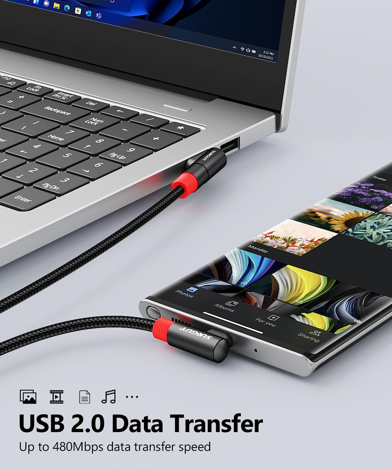 Detalle de SUNGUY USB-C Kabel im 2er-Pack, 1,8 m & 2 m – 90° Winkel, 3A, Nylon-Ummantelung, USB 2.0 Daten/18W Schnellladung