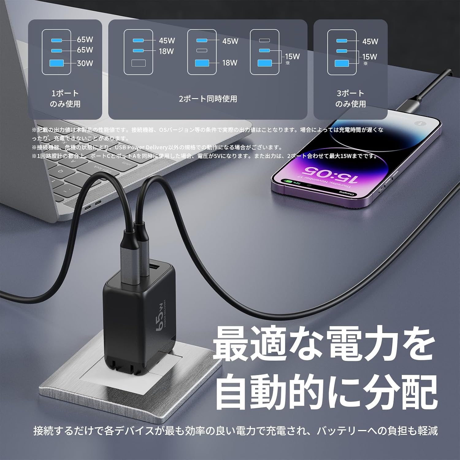 Thumbnail 3 de 山善 YPD-65CCA USB充電器 65W PD対応・3ポート・GaN採用