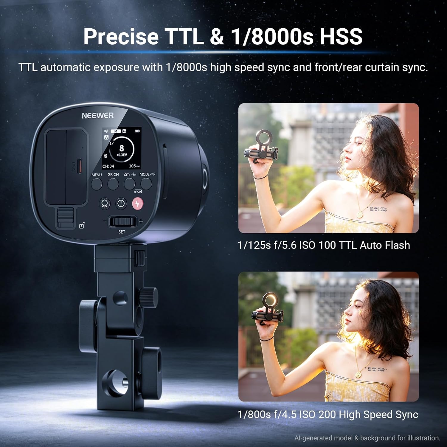 Detalle de NEEWER 120Ws 2.4G TTL Outdoor Strobe Flash: Portable, High-Speed Shooting companion
