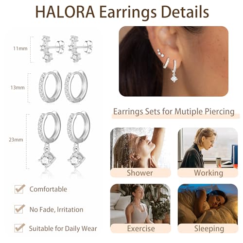 Detalle de Halora Silver Earrings for Women: 8 Styles in 3-Pair Sets – 925 Sterling Silver Hypoallergenic Studs & Hoops