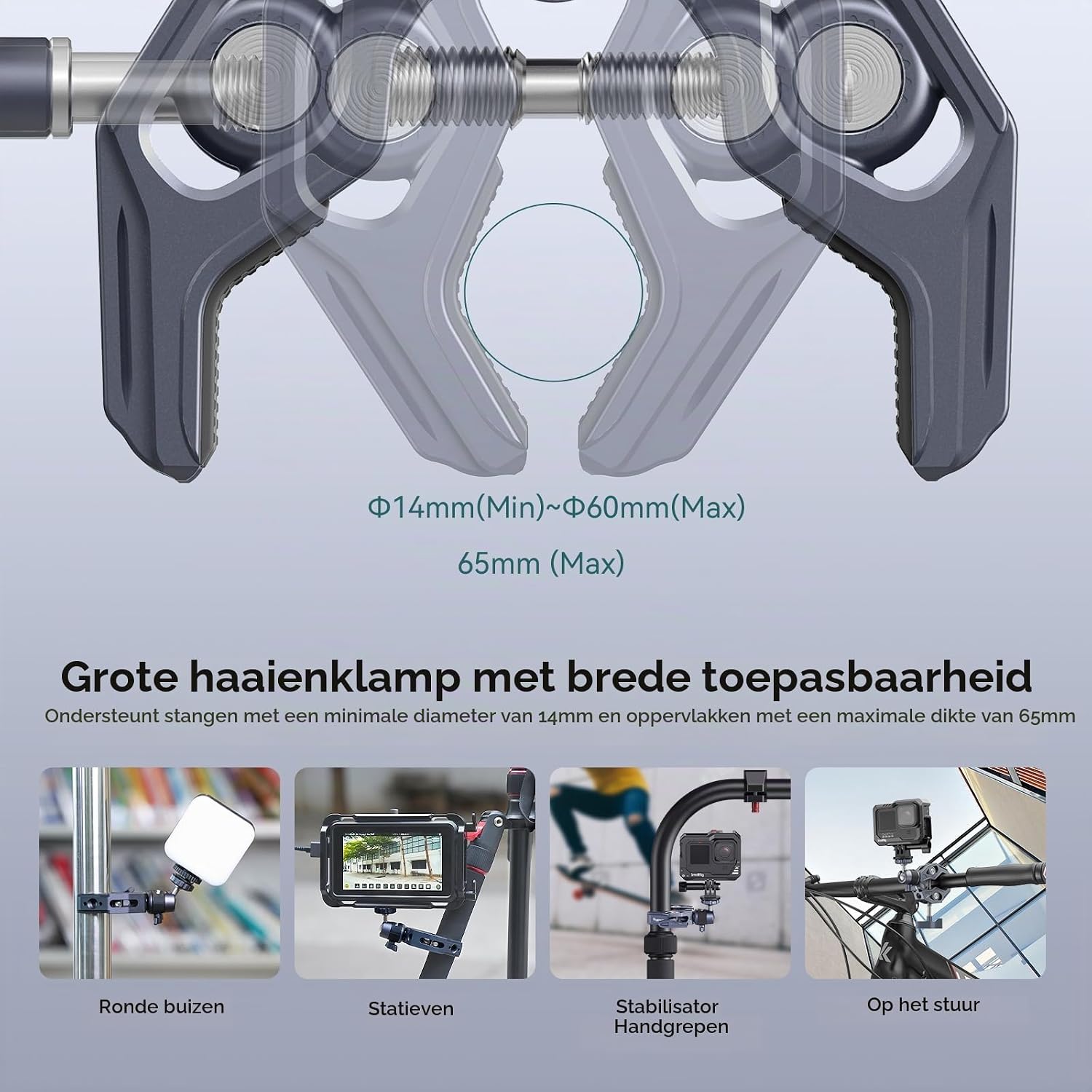 Detalle de SMALLRIG 4102B superklem met balhoofd, actiecamera-adapter en 1/4"-20-aansluiting
