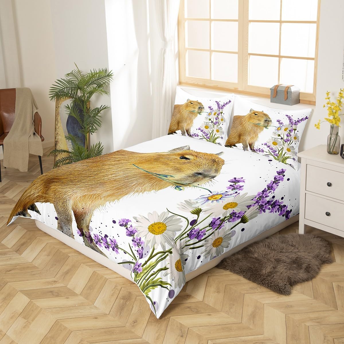 Thumbnail 2 de Capybara Lover Bettwäsche-Set (135x200) mit Kissenbezug – Lila Lavendel-Daisy Motiv