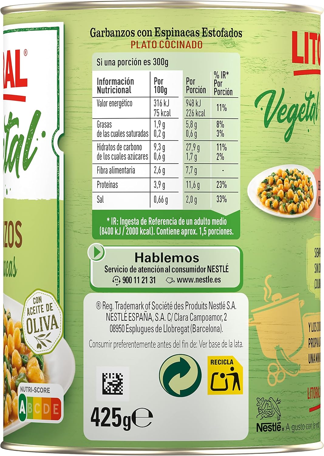 Thumbnail 1 de Litoral Vegetal Garbanzas con Espinacas 🌱 Pack 10x425g