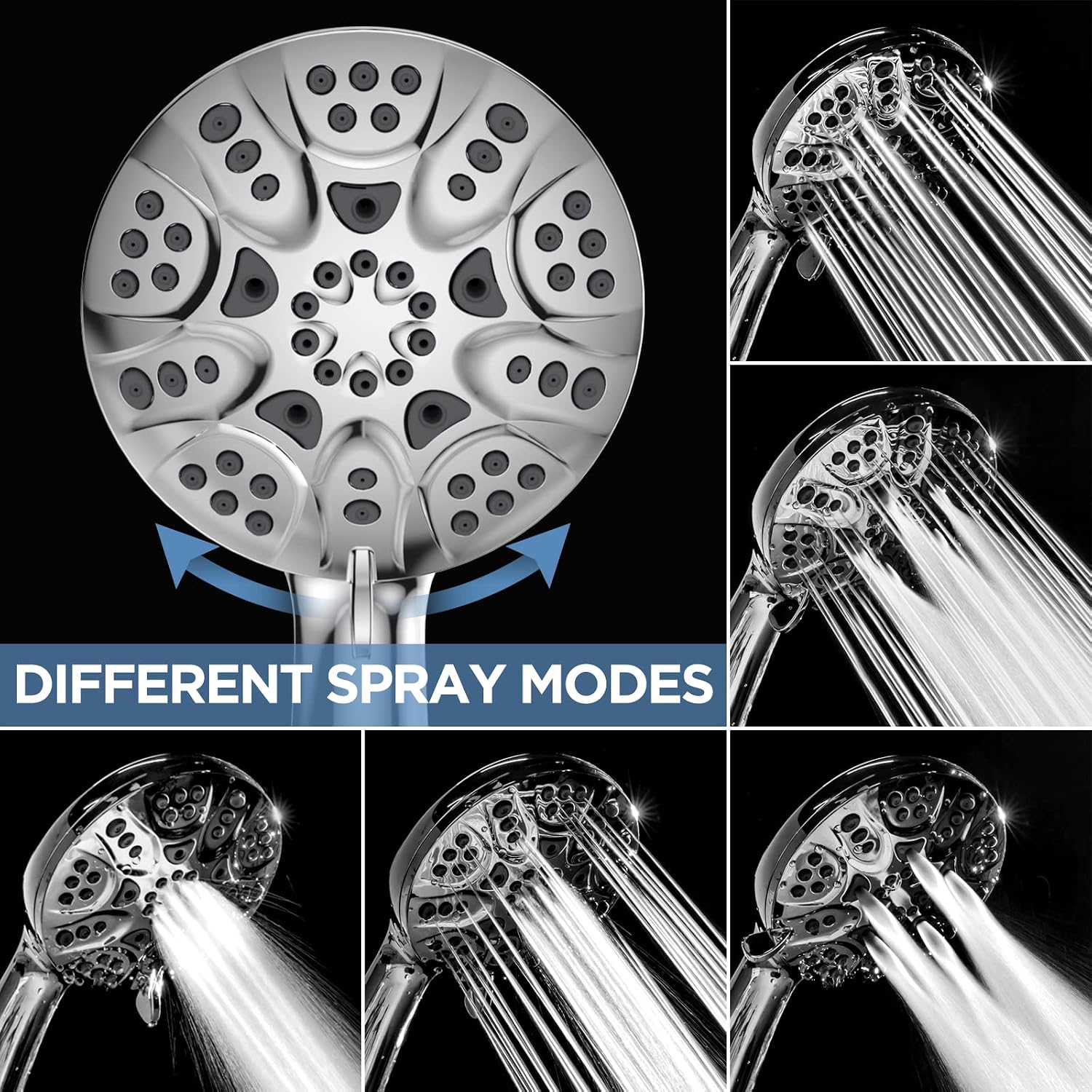Detalle de HOPOPRO HS6700CP Handheld Showerhead Set, 6 Spray Modes, Chrome Finish