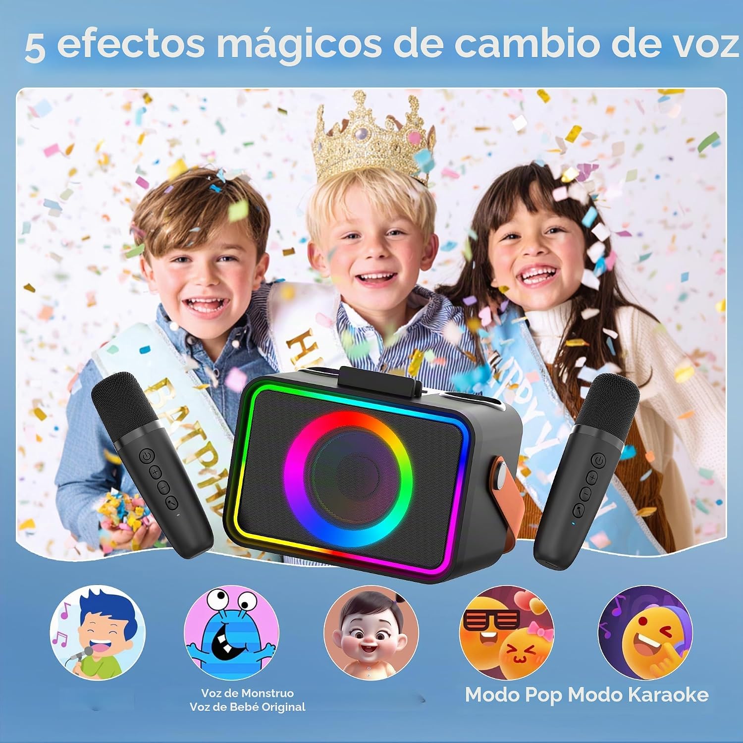 Detalle de Wowstar Máquina de Karaoke con 2 micrófonos: altavoz Bluetooth portátil para fiestas con luces