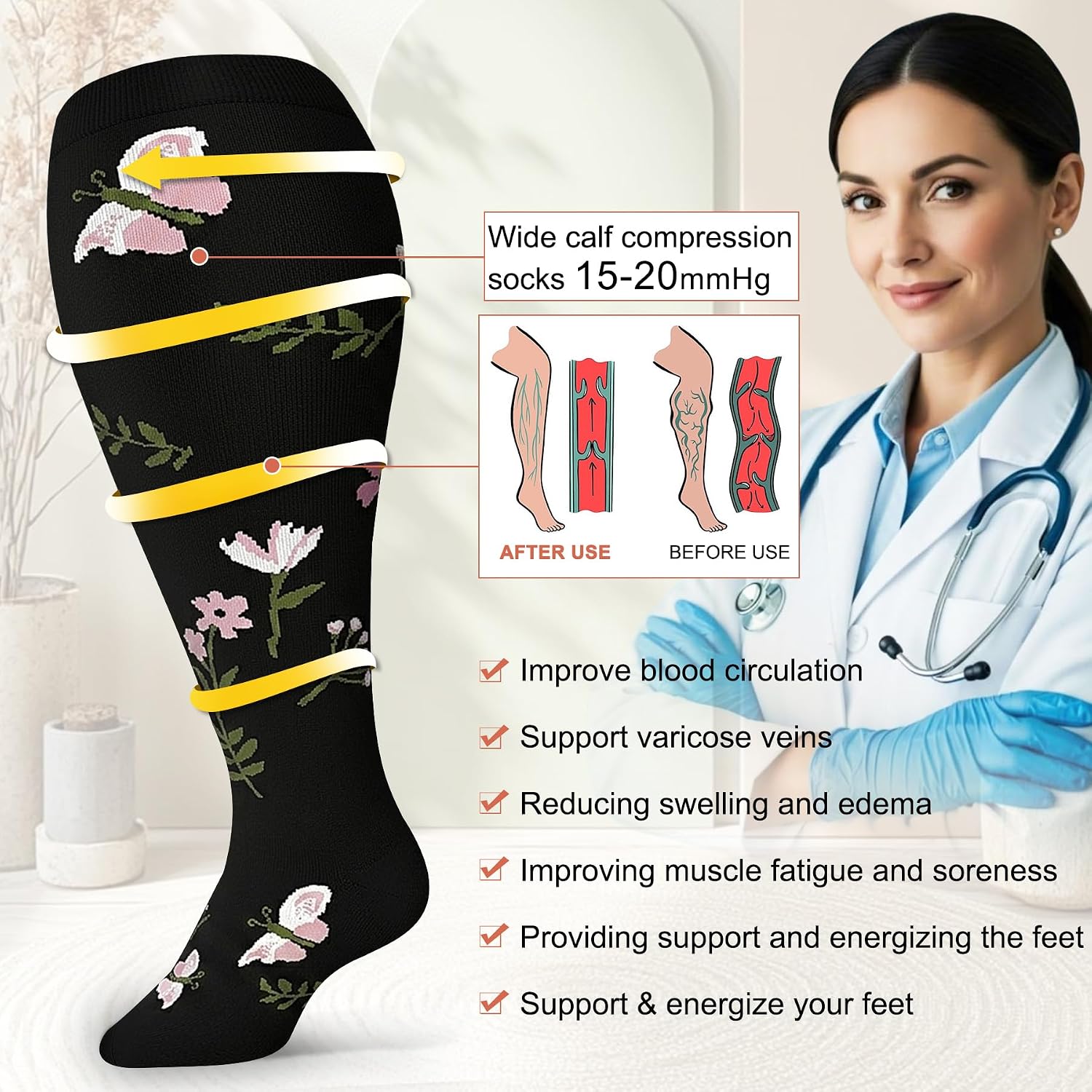 Detalle 2 de Diu Life Plus Size Compression Socks, 3 Pairs, Wide-Calf Knee-High, 15–20 mmHg