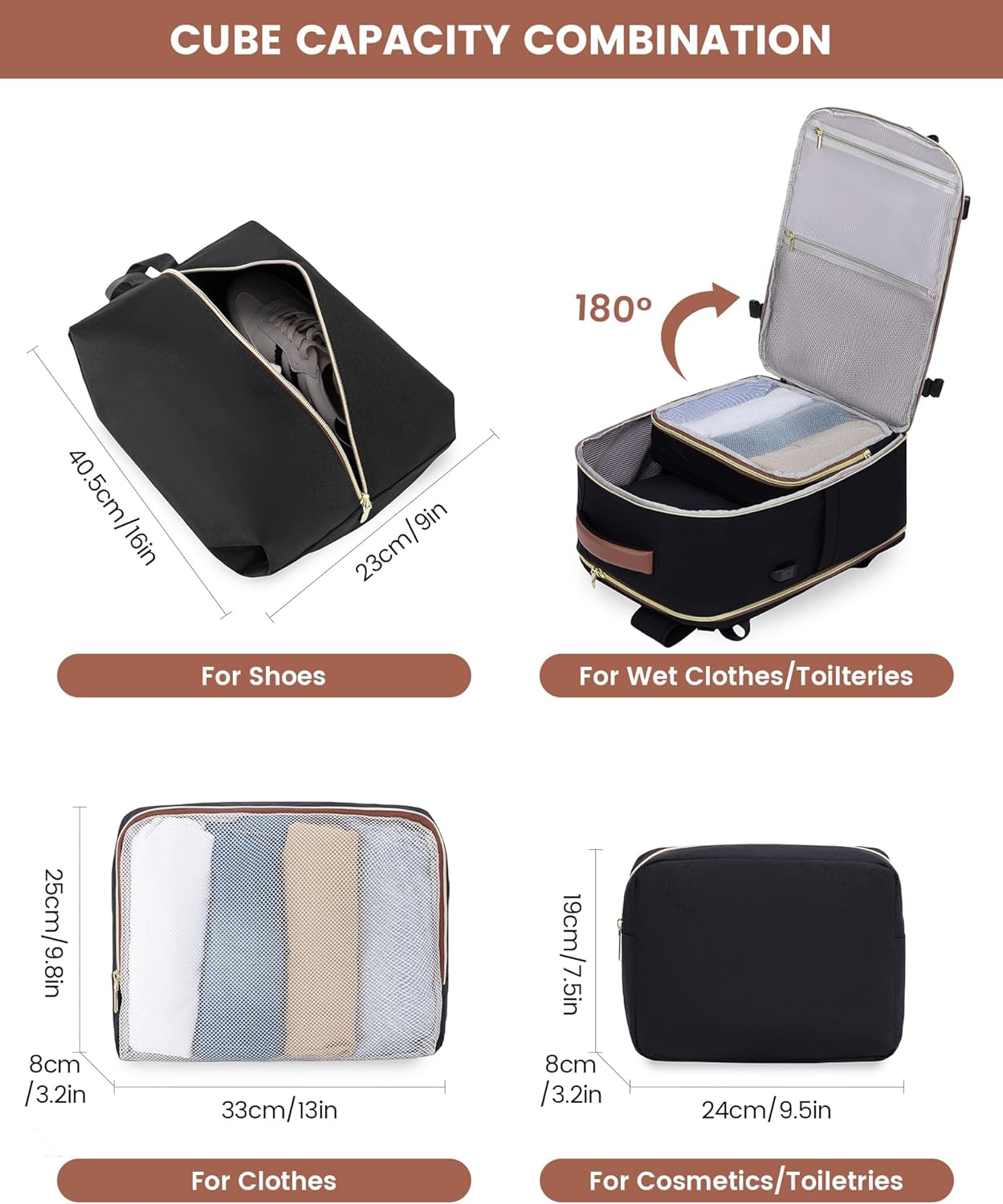 Detalle de LOVEVOOK Handgepäck-Rucksack 40L mit Laptopfach (bis 17,3") – Damen-Reiserucksack für Cabin Luggage