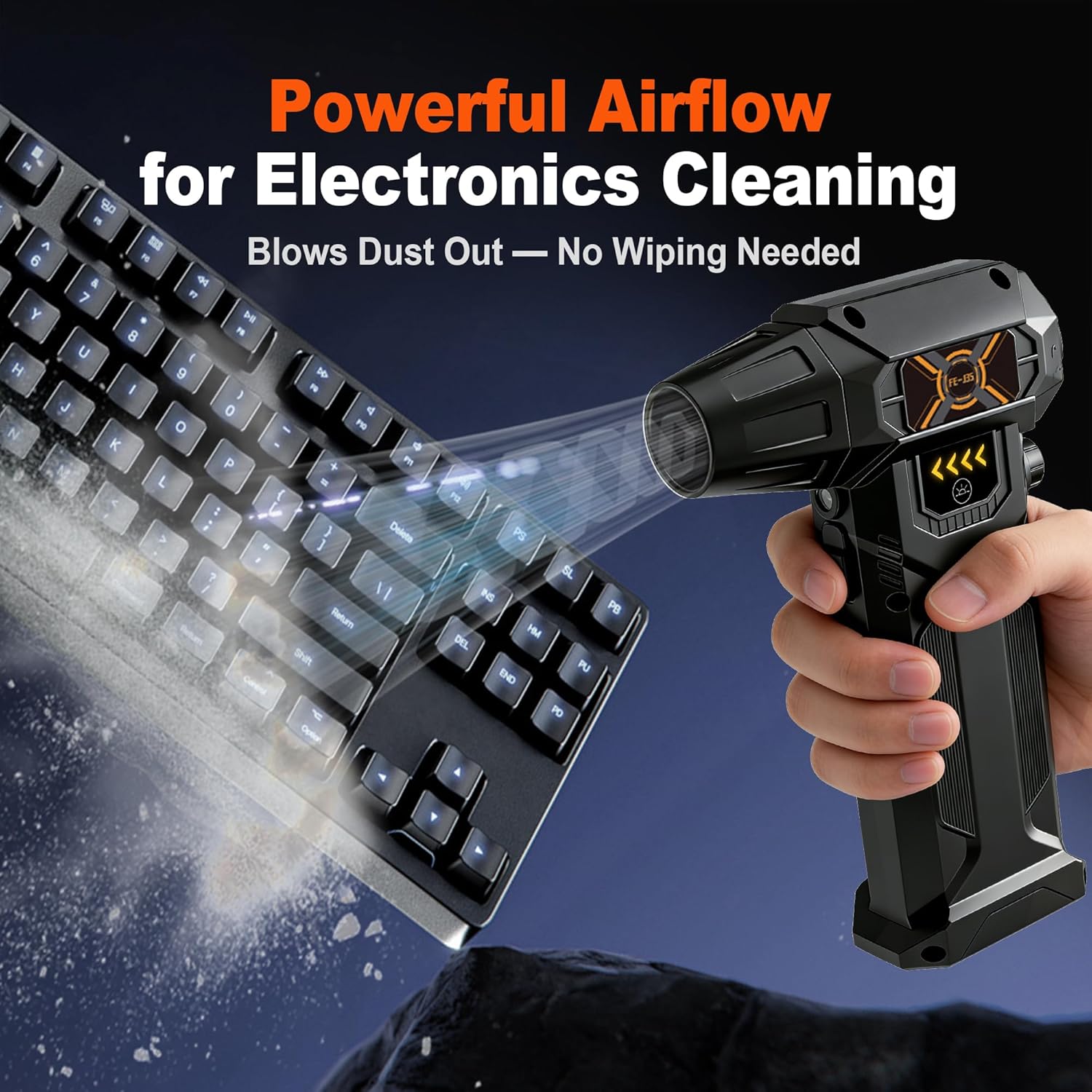Detalle de FE-J35 Compressed Air Duster: Powerful Turbo Air Flow, 130000 RPM, LED Light, 8000mAh Battery