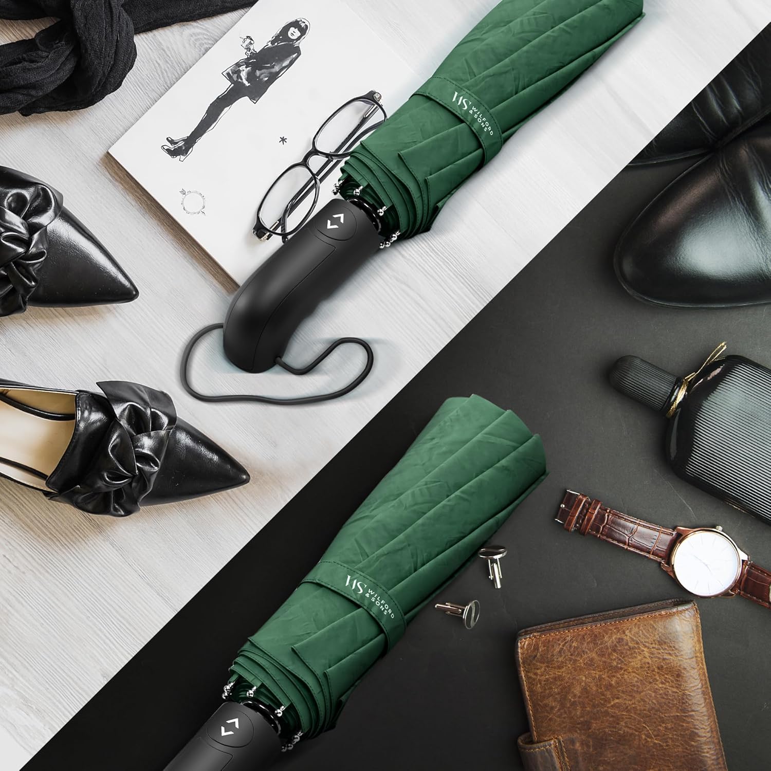 Thumbnail 5 de Windproof Compact Umbrella with Auto Open/Close & Double Canopy – Lightweight Travel Folding Brolly in Teflon Green