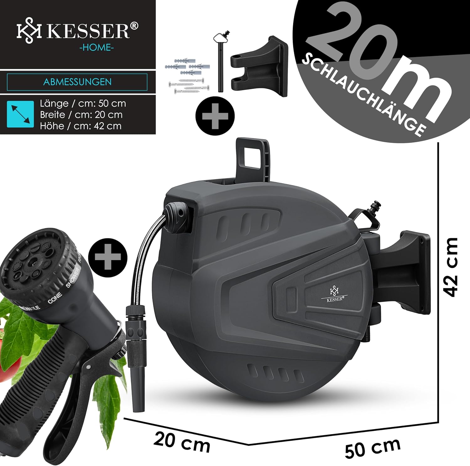 Thumbnail 6 de KESSER® automatische Schlauchtrommel 20 m inkl. Multi-Handbrause (9 Modi), 180° schwenkbar – Wand-Schlauchbox in Anthrazit