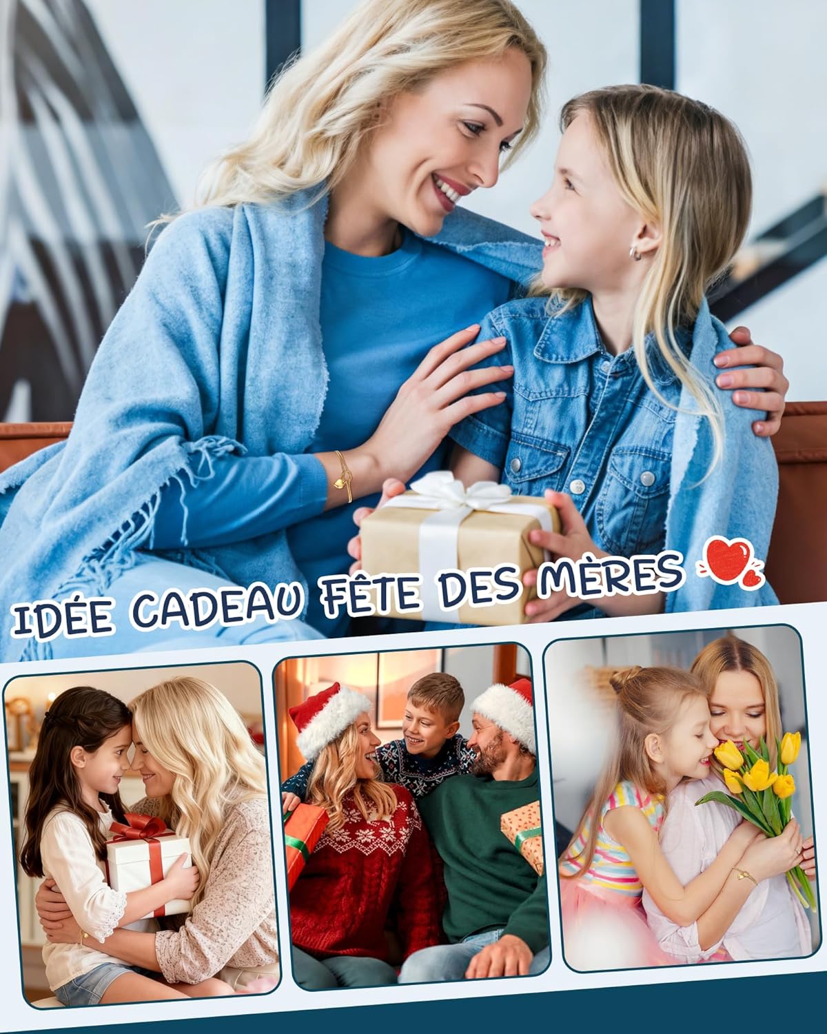 Detalle de VU100 Cadeau Femme – Bracelet Pièce Stone Inox Plaqué Or, Coeur et Infini, Longueur Réglable
