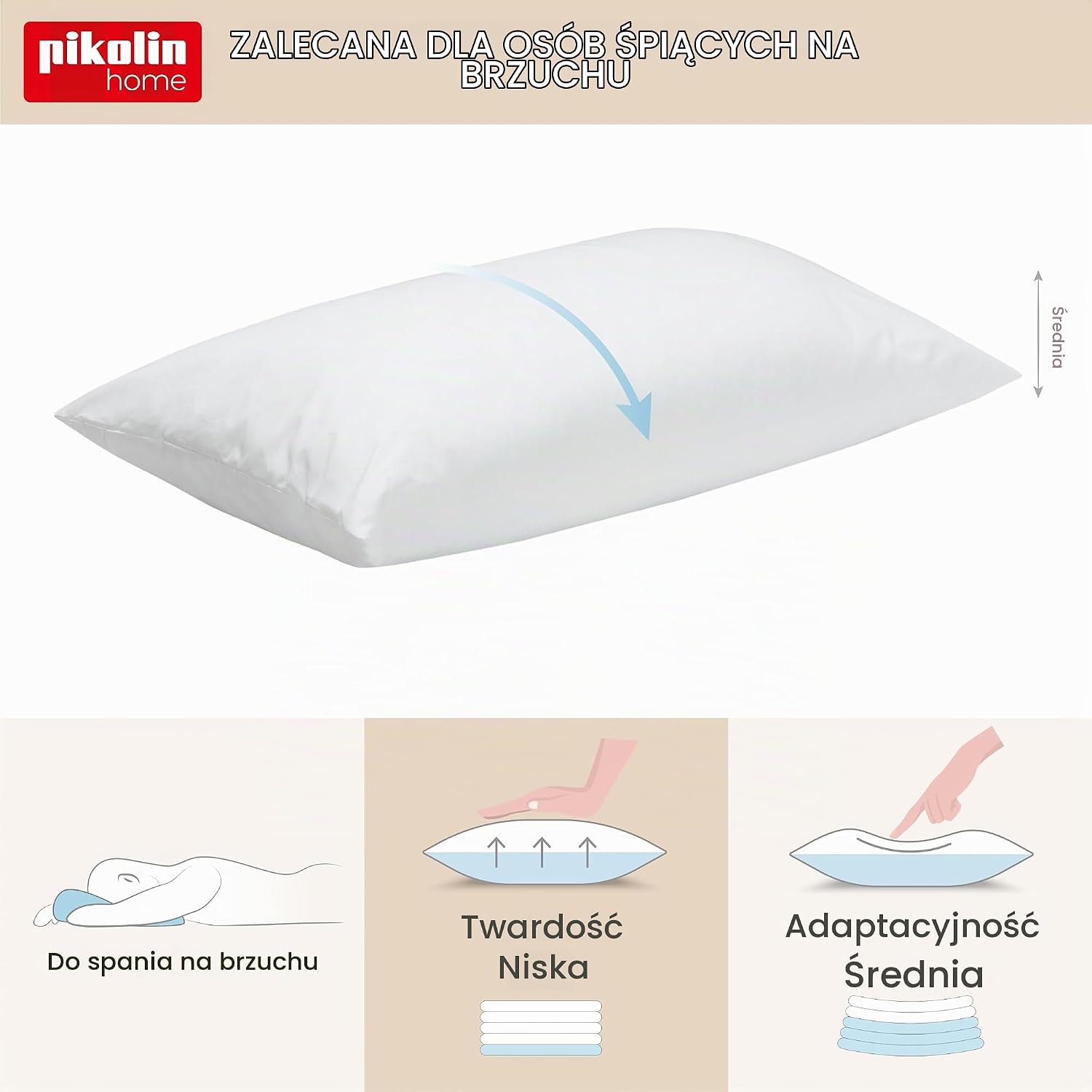 Detalle de PIKOLIN Home AH01 – poduszka z włókna 60 × 40 cm, bawełniana, o niskiej twardości