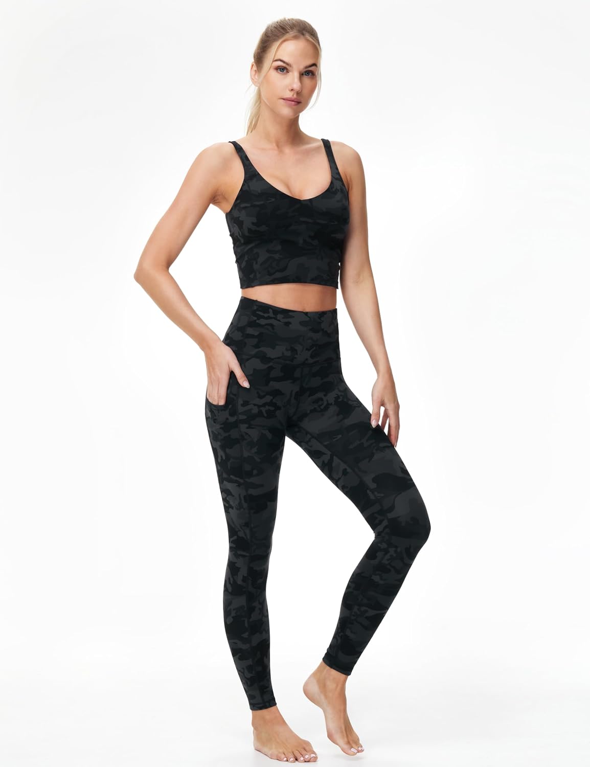 Detalle de THE GYM PEOPLE Pantalon de yoga taille haute femme à poches profondes – legging d’entraînement extensible