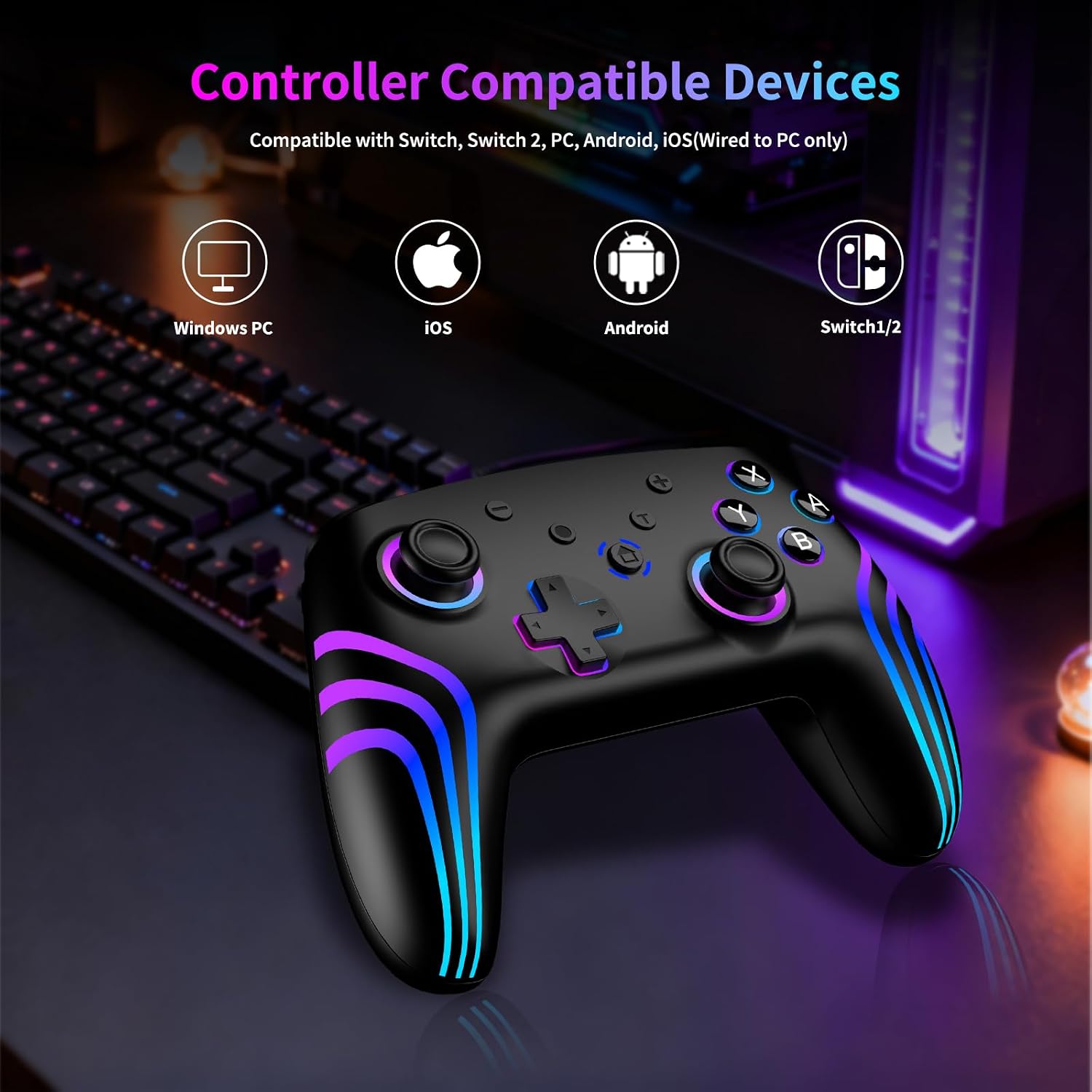 Detalle 2 de Manette Sans Fil 2pcs pour Switch (compatible Switch, Switch 2, Lite, OLED) avec éclairage RGB, double vibration, gyroscope 6 axes et Turbo – blanc+noir