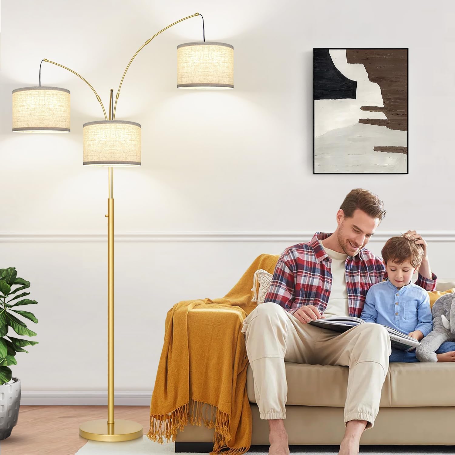Thumbnail 5 de Nintiue F1378 Dimmable 3-Light Arc Floor Lamp, Gold with Linen Shades