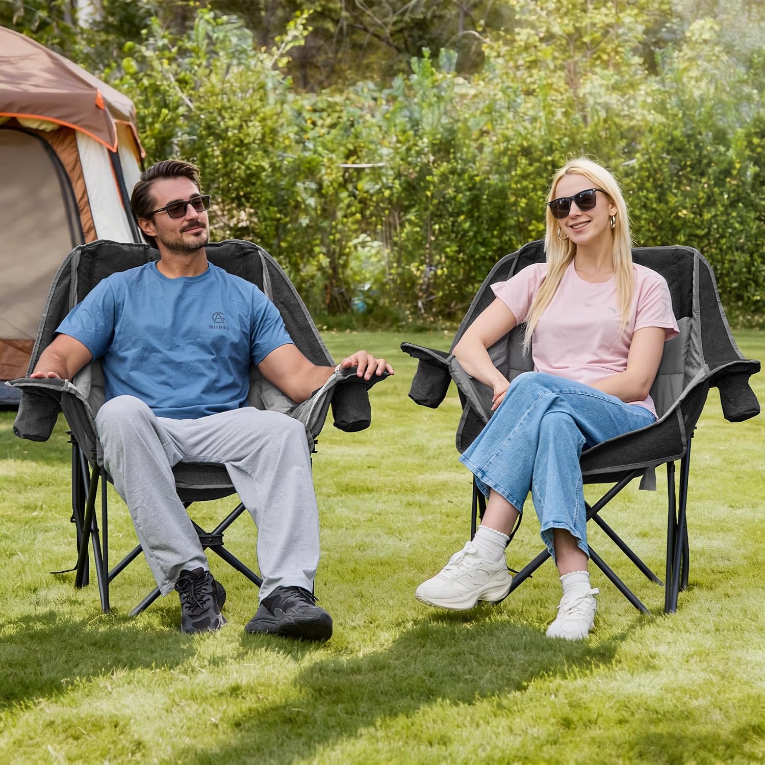 Thumbnail 1 de RELAX FIELD Set of 2 Oversized Camping Chairs for Adults – Heavy Duty, 200kg Capacity, Cup Holder & Cooler Bag (Grey)