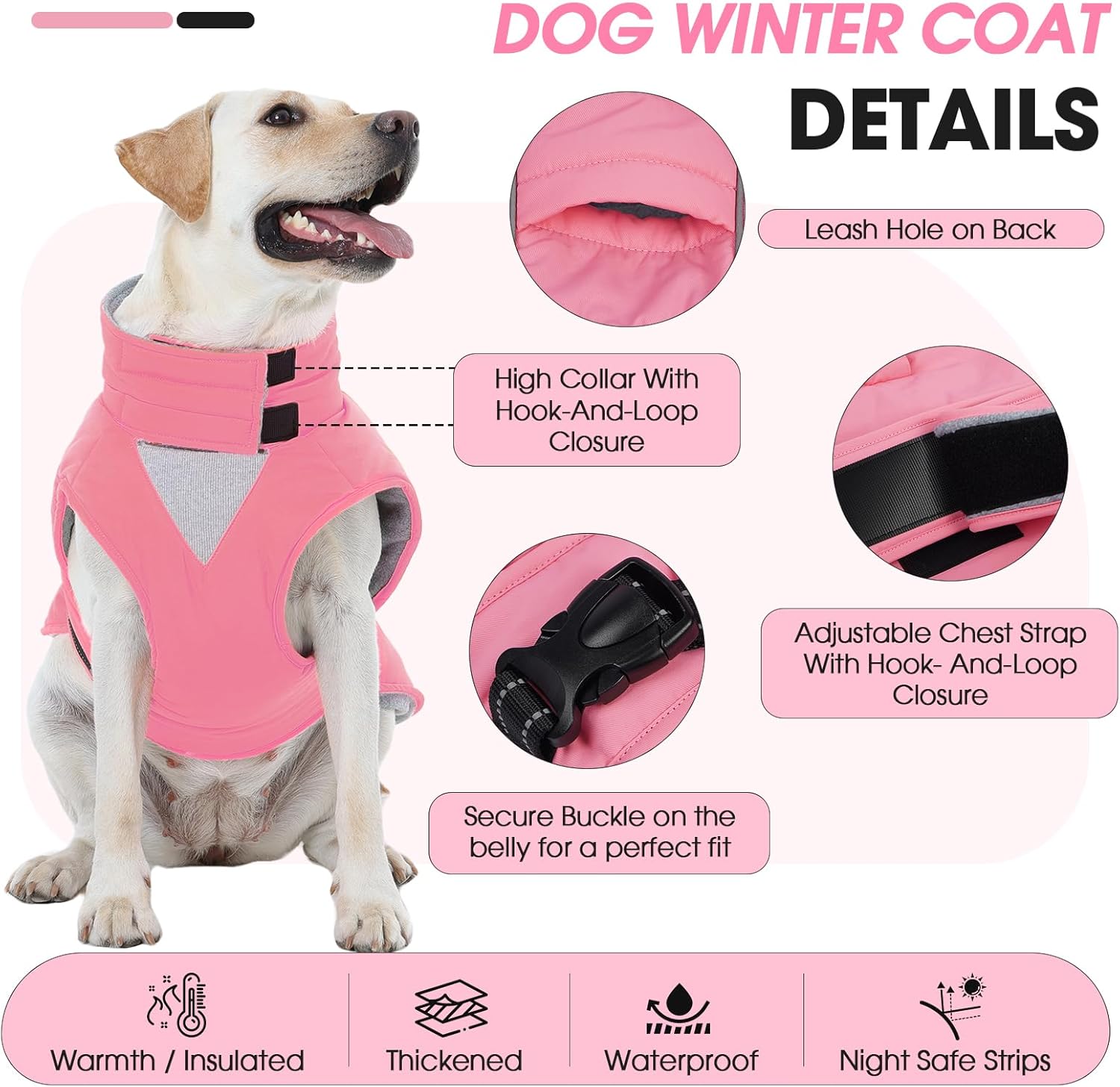 Thumbnail 1 de OUOBOB Warm Dog Winter Coat – Waterproof Jacket with High Collar & Reflective Strips, Pink (2XL)