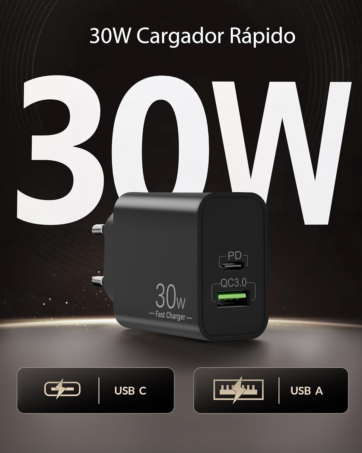 Detalle 2 de Cargador 30W USB C 2 puertos carga rápida