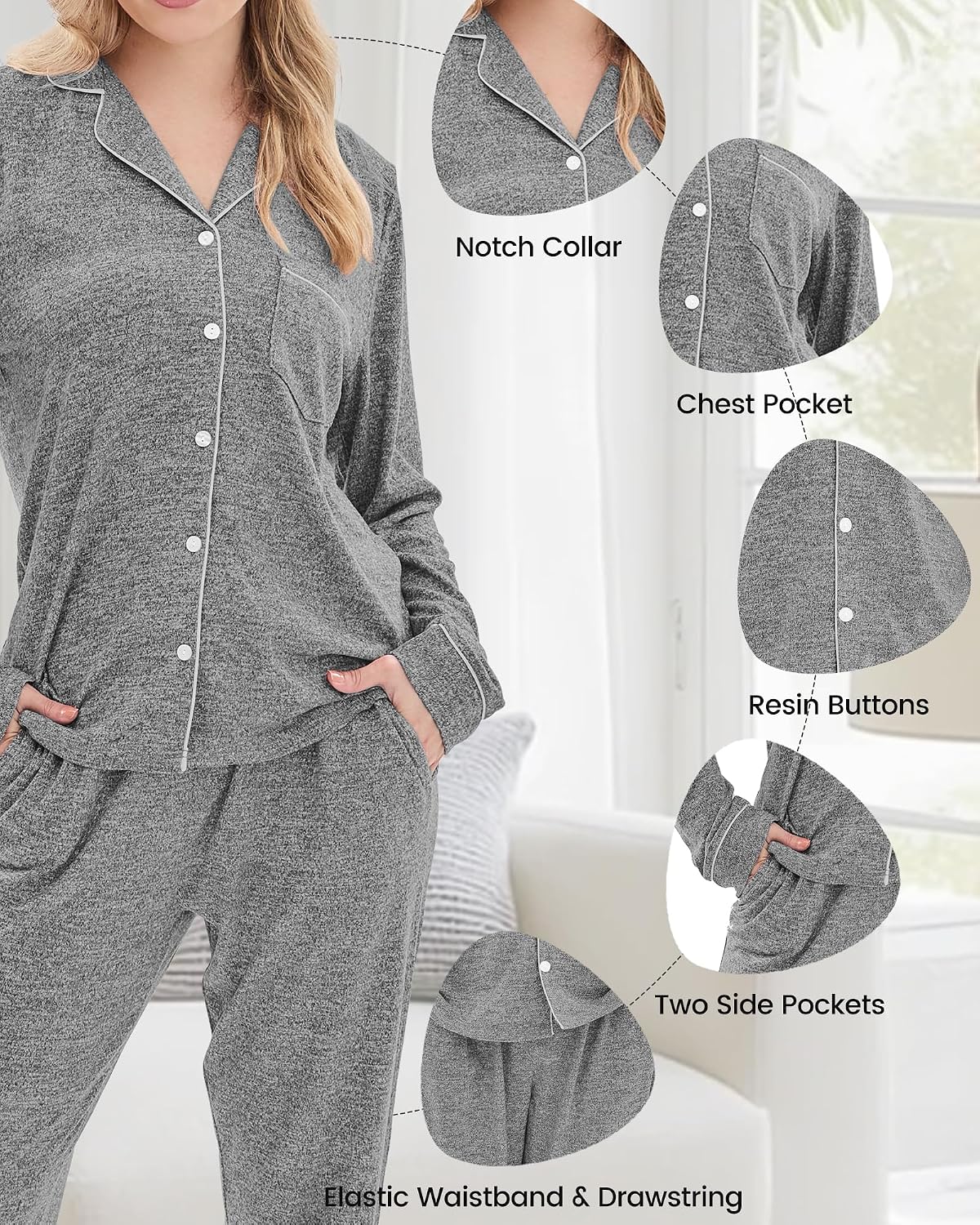 Thumbnail 4 de PJGGZ Women’s Two-Piece Pyjama Set with Button-Down Top and Drawstring Pants