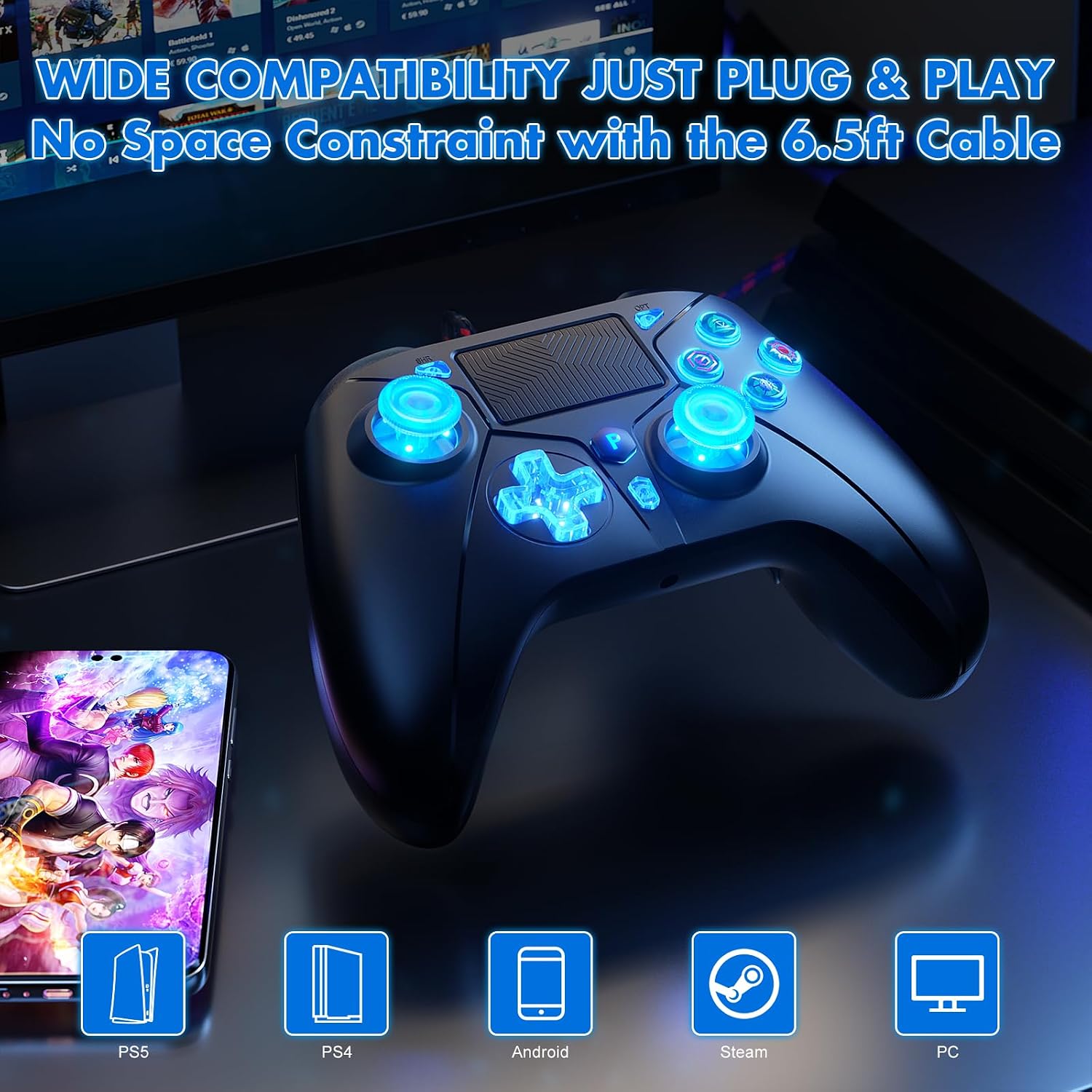 Detalle de Dinosoo RGB Wired Controller for PS5/PC/PS-4 (Black) with 3.5mm Audio Jack
