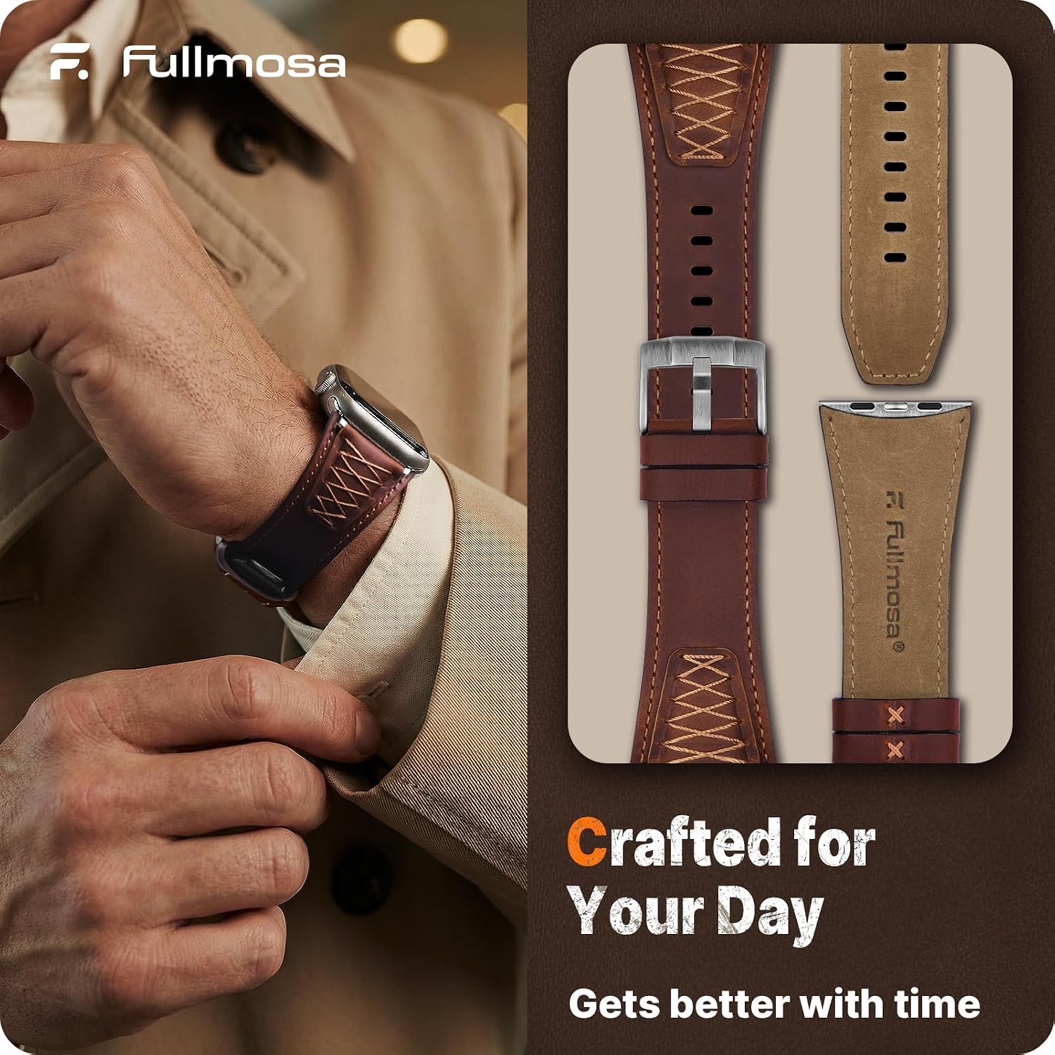 Detalle de Fullmosa Leather Strap for Apple Watch Ultra 3/2 & Series 11–1: Dark Brown