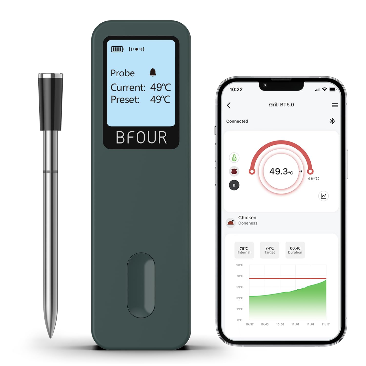 Thumbnail 6 de BFOUR Fleischthermometer kabellos per Bluetooth mit App, IP67 und Large Display