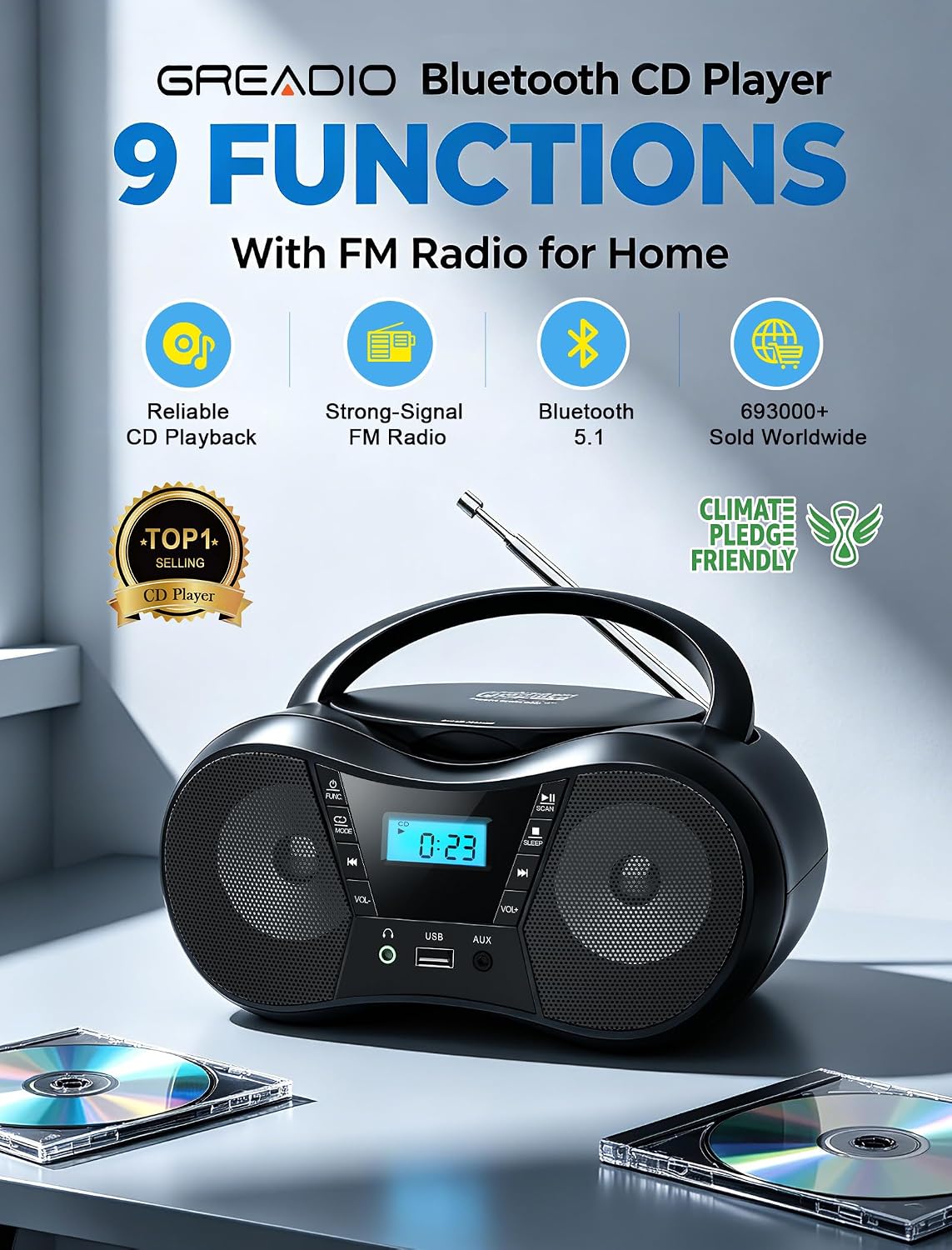 Detalle 2 de Greadio CD-X9B Portable Boombox CD Player with Bluetooth, FM Radio, USB and AUX