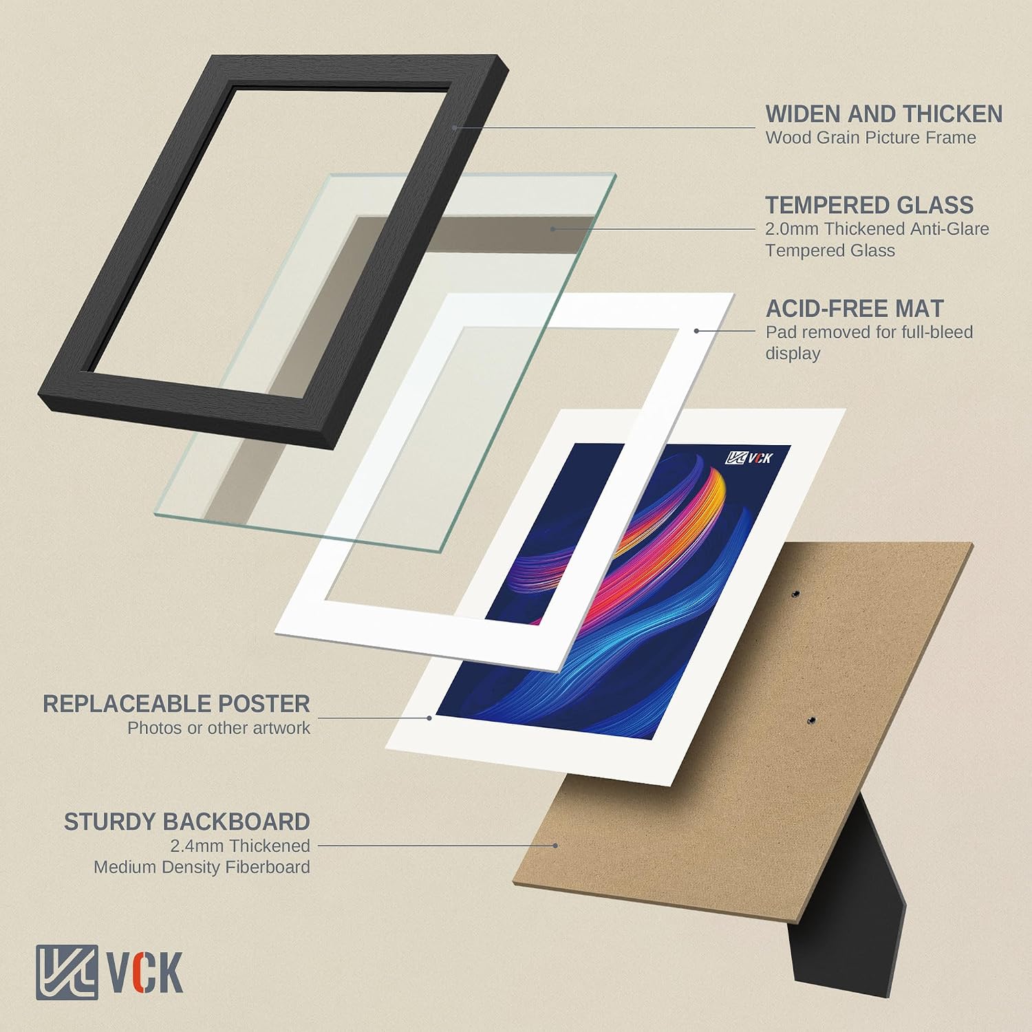 Thumbnail 3 de VCK 8x10 Picture Frame Set of 5 – Versatile Black Frames for 5x7 or 8x10 Displays