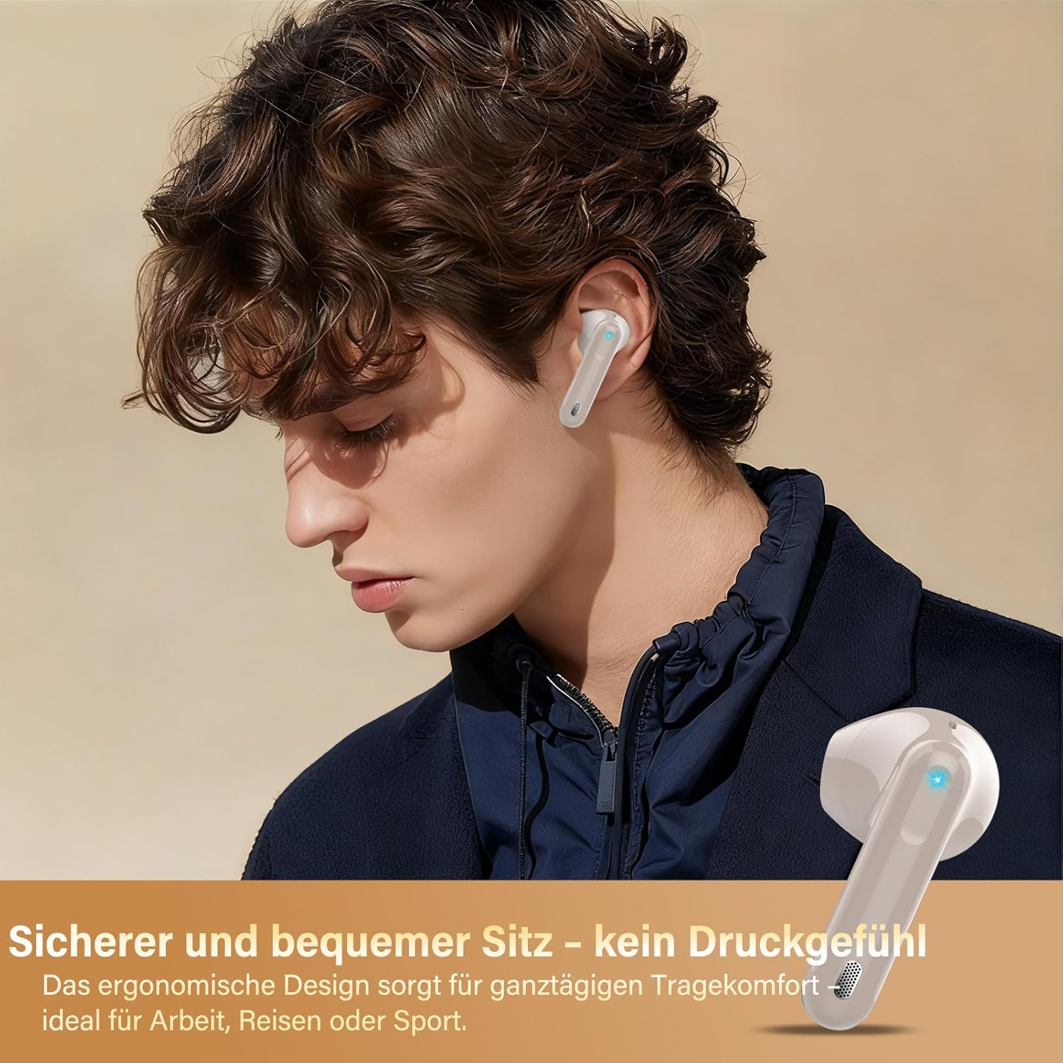 Detalle de Bluetooth Kopfhörer BD88: Kabellose In-Ear mit ENC, 45 Std Laufzeit, IPX7 und 14,2 mm Treibern, Beige