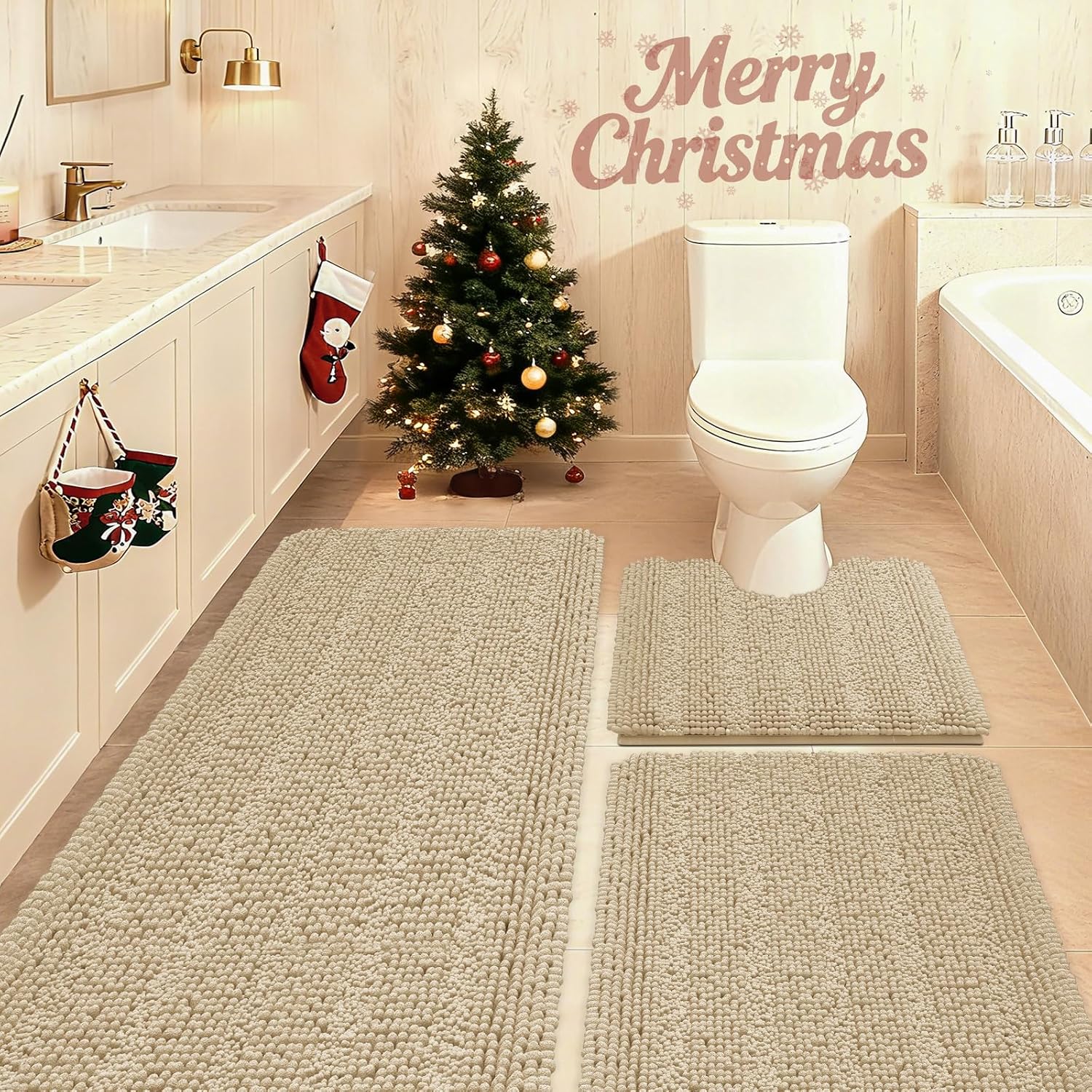 Detalle de ACCUMTEK Striped Beige 3 Piece Bathroom Rug Set